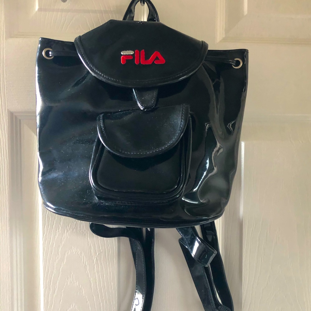Fila black patent leather backpack